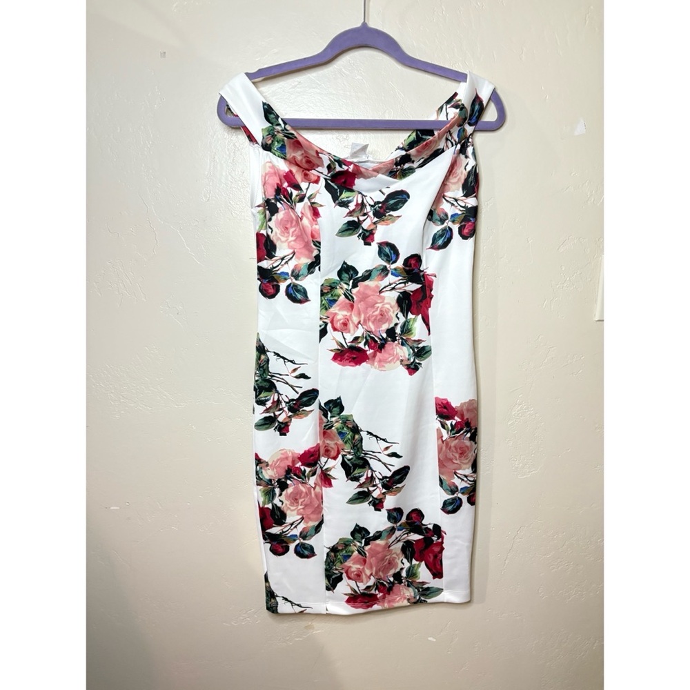 VENUS White Floral Midi Dress with Pink Roses
